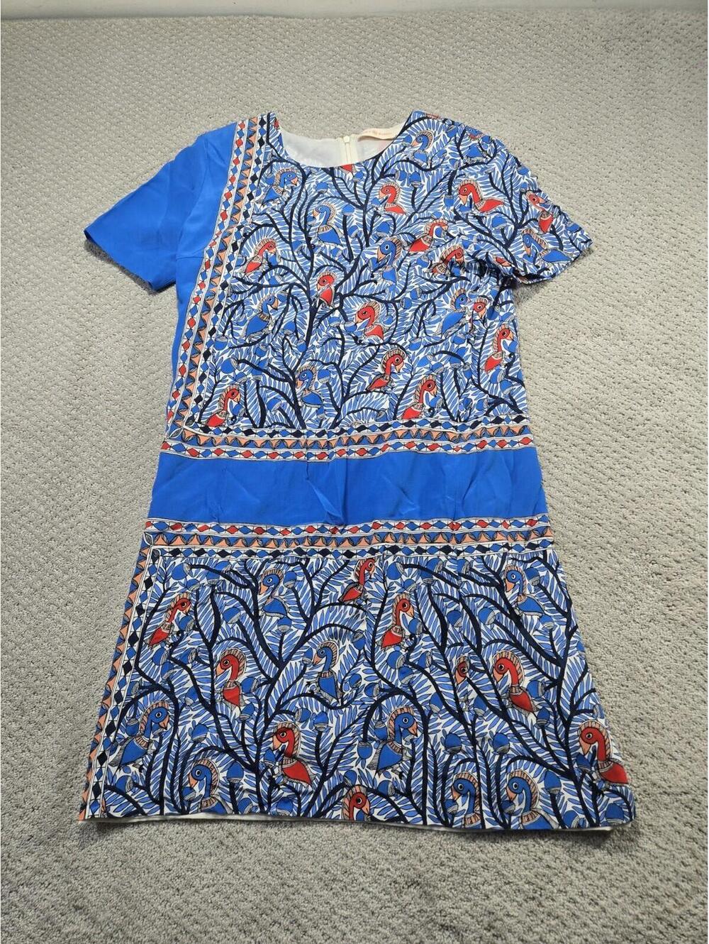 Tory Burch Dress Womens 2 Blue Silk Bird Print Short Sleeve Asymmetric Shift